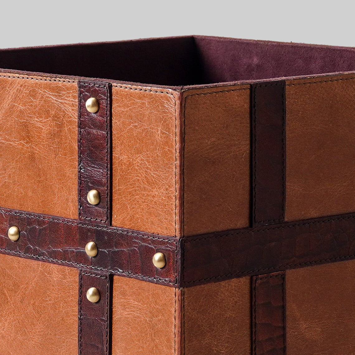 Nailed leather waste bin front view premium finish - The Mage Home