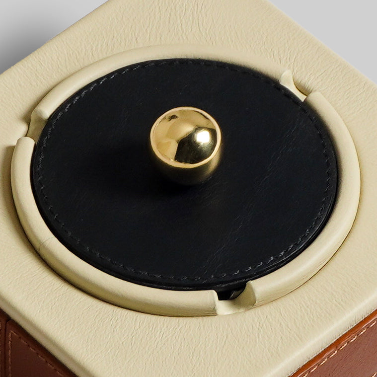 Leather ash tray close up brass lid detail handcrafted - The Mage Home