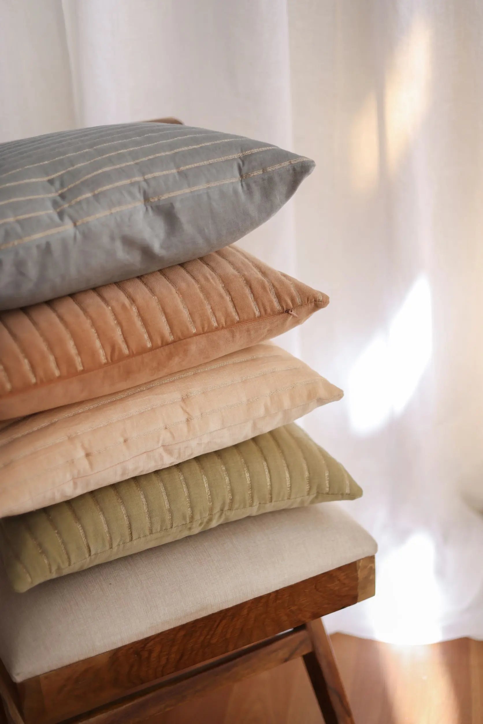 Eden Striped Oatmeal Velvet Cushion Cover SanctuaryLiving