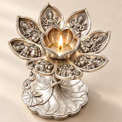 Ashtadal Ashtalakshmi Diya in pure silver plating, eight lotus petals with a form of Lakshmi on each and a lit lotus-bud diya at the centre, design render
