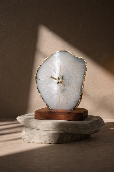 Agate Table Clock - White Gemstone Gold Plated