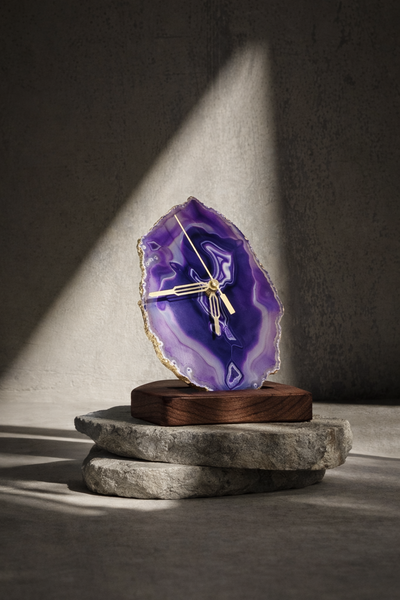 Agate Table Clock - Purple Gemstone Gold Plated