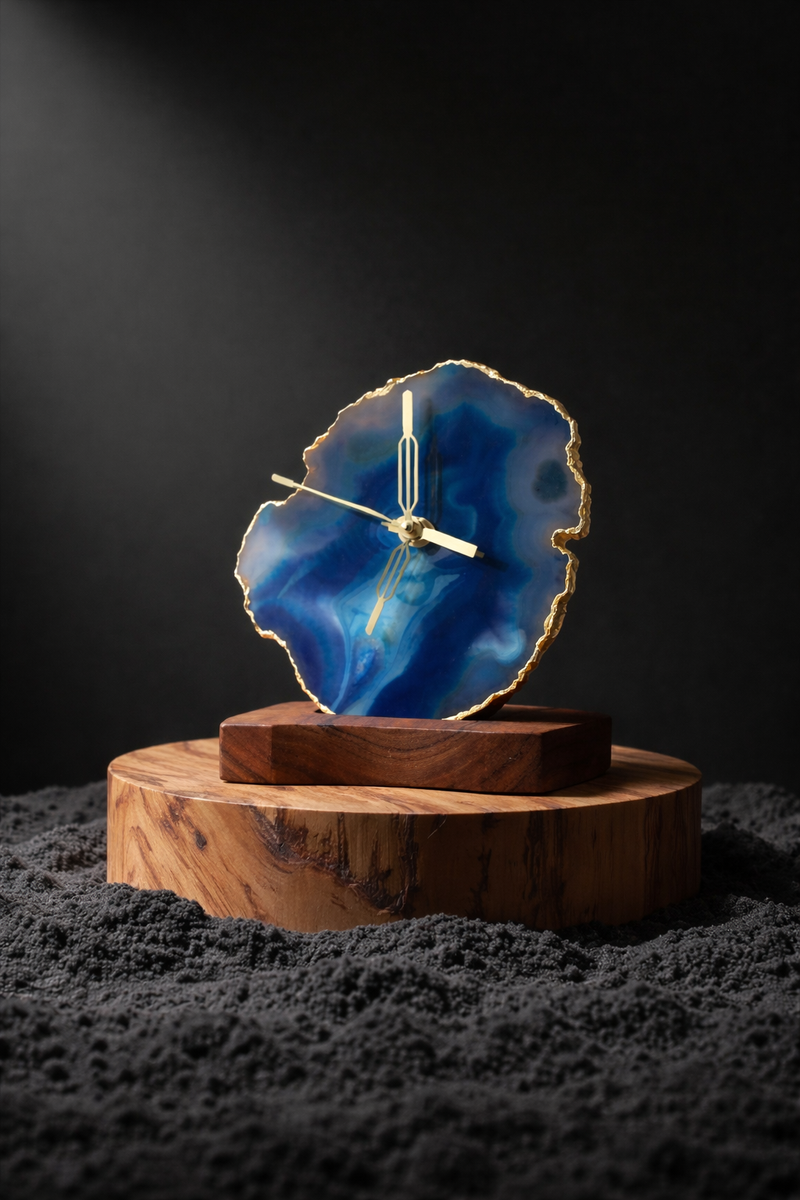 Agate Table Clock - Turquoise Gemstone Gold Plated