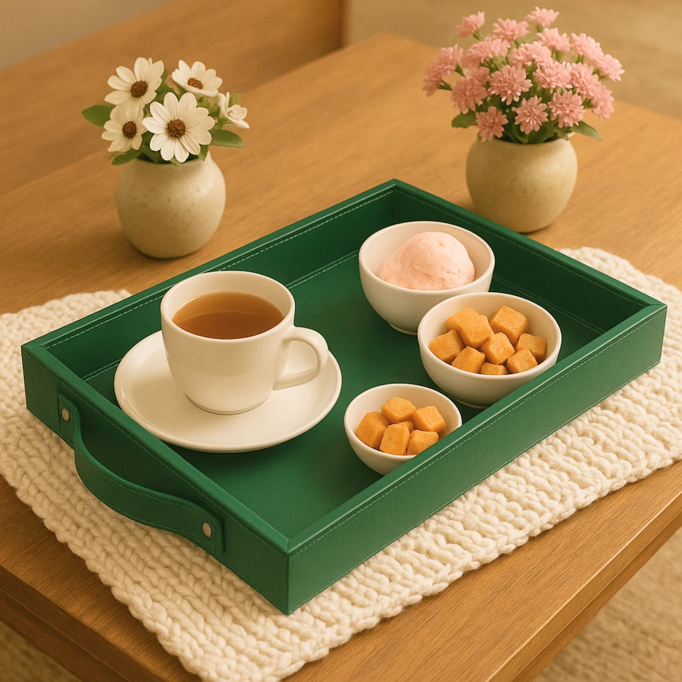 Vegan Leather Rectangular Serving Tray with Handles-Bottle Green