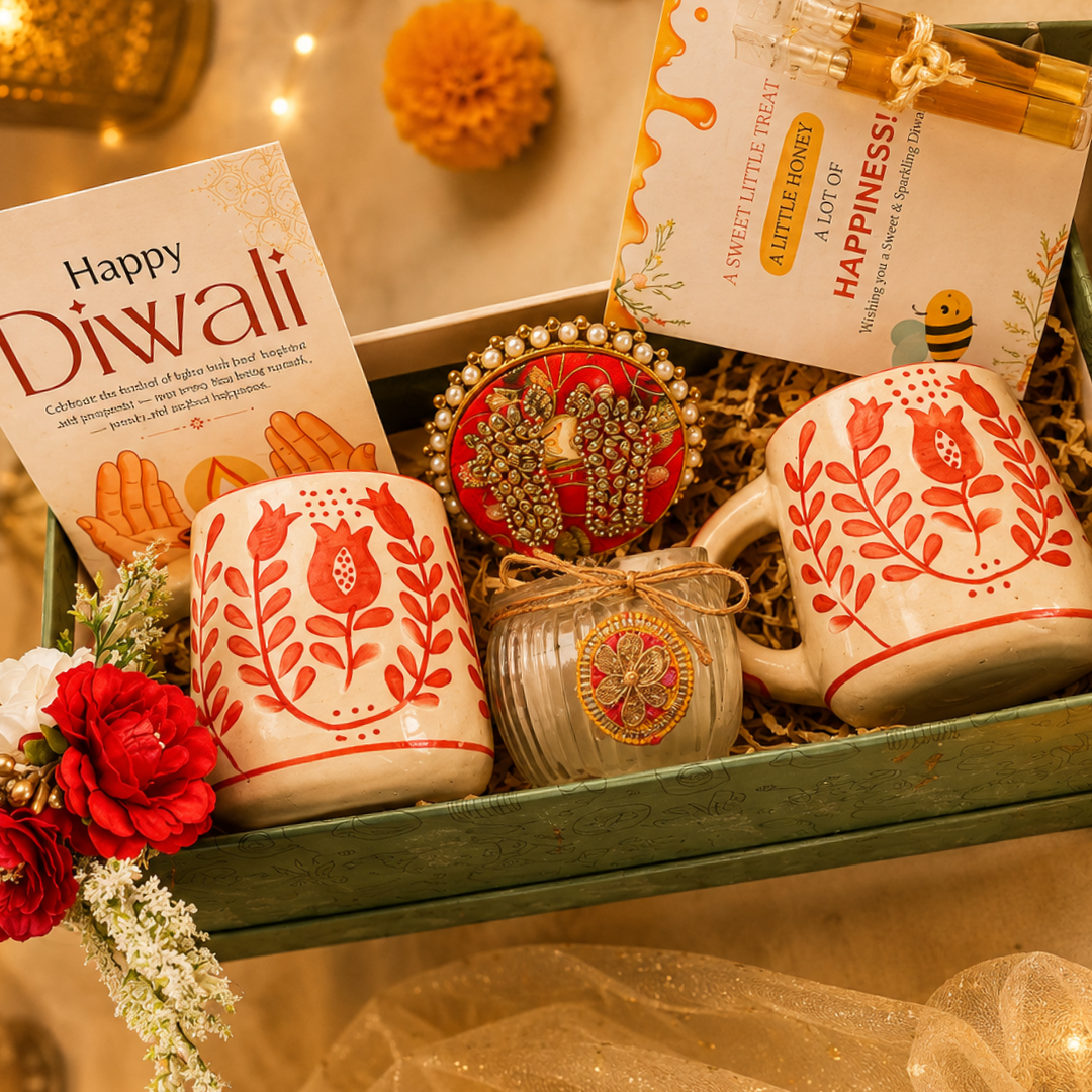 Festive Chai & Glow Mug Gift Box | 2 Mugs & Matka Soy Wax Candle - https://artecasa.in/