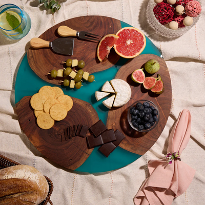 Lazy Susan Platter – Acacia Wood with Aqua Blue Resin Finish