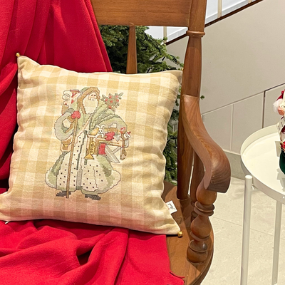 Christmas Linen - Cushion Covers (16"X16") gingham backdrop, embroidered Vintage Santa