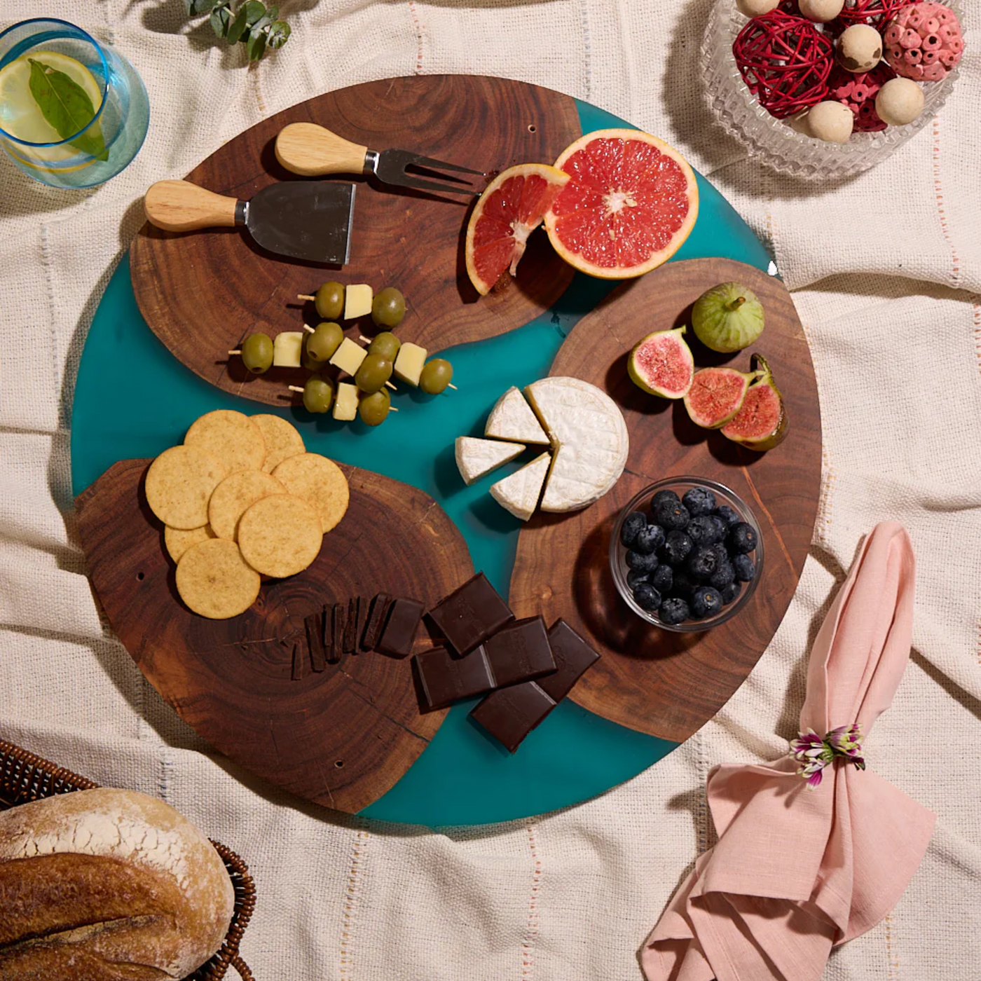 Lazy Susan Platter – Acacia Wood with Aqua Blue Resin Finish