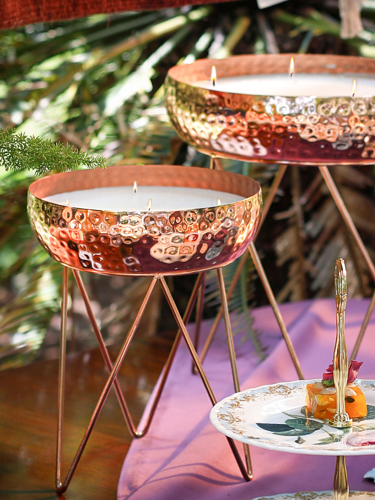 Stardust Rose Gold Hammered Candle Urlis on a stand set of 3