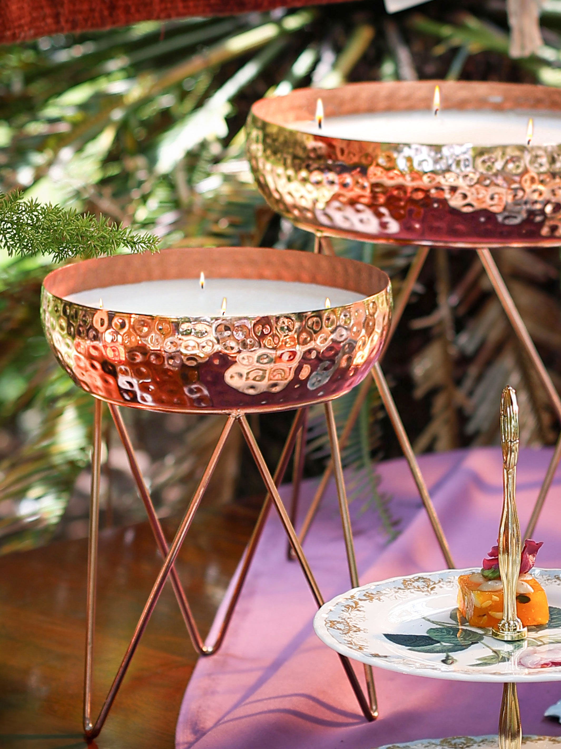 Stardust Rose Gold Hammered Candle Urlis on a stand set of 3