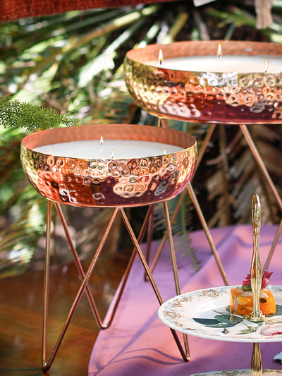 Stardust Rose Gold Hammered Candle Urlis on a stand set of 3