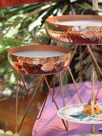 Stardust Rose Gold Hammered Candle Urlis on a stand set of 3