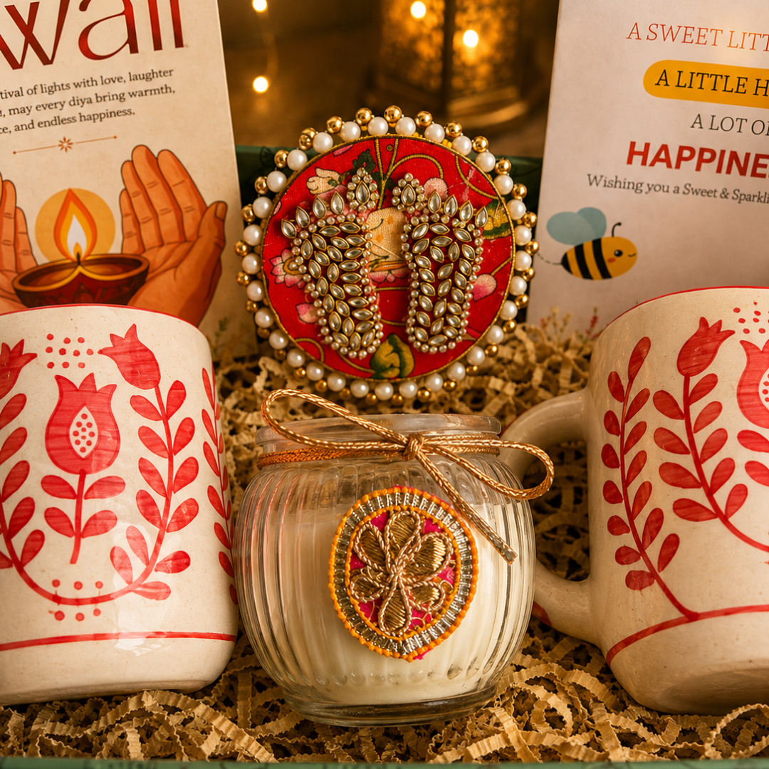 Festive Chai & Glow Mug Gift Box | 2 Mugs & Matka Soy Wax Candle - https://artecasa.in/
