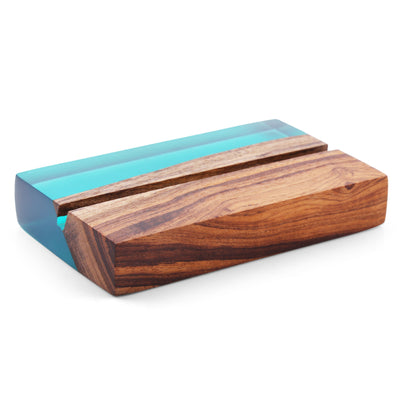 Handcrafted Teak Wood & Ocean Blue Epoxy Business Card Holder