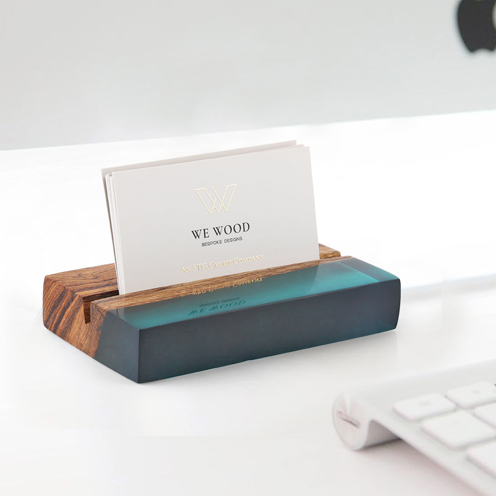 Handcrafted Teak Wood & Ocean Blue Epoxy Business Card Holder