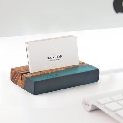 Handcrafted Teak Wood & Ocean Blue Epoxy Business Card Holder