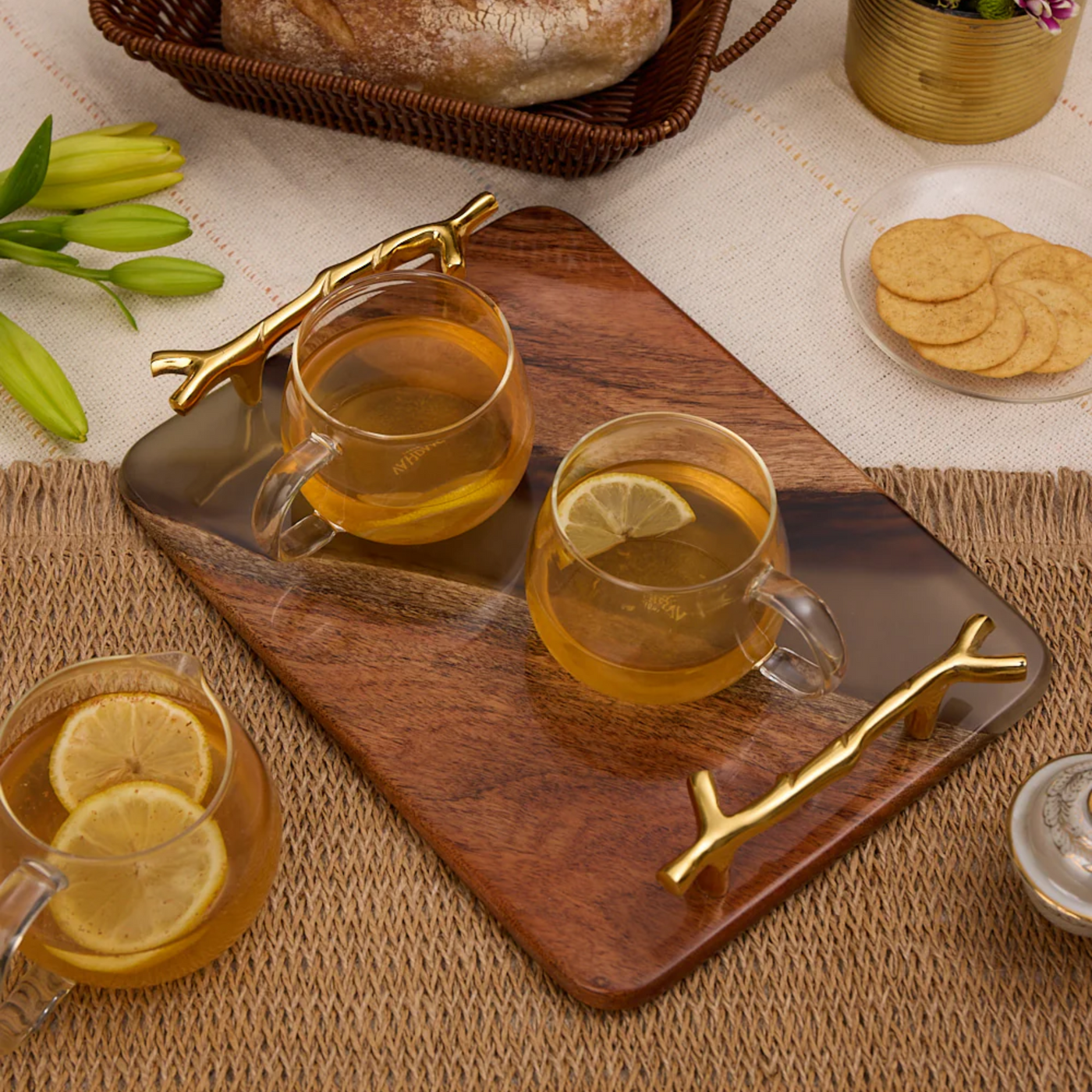 Wooden Tray with Handles – Acacia Wood, Translucent Black Resin Finish