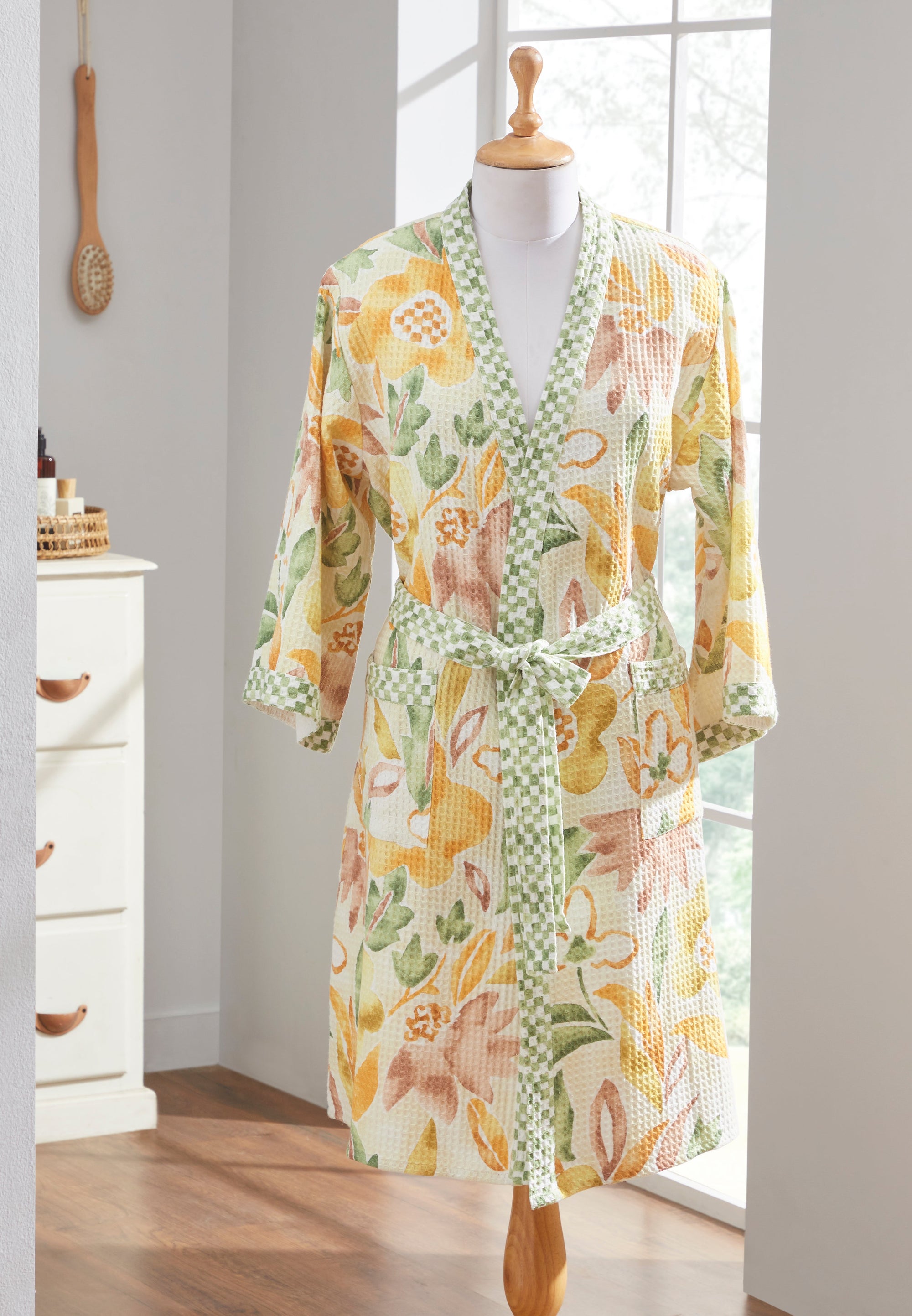Dancing Floral Yellow Cotton Waffle  Bathrobe