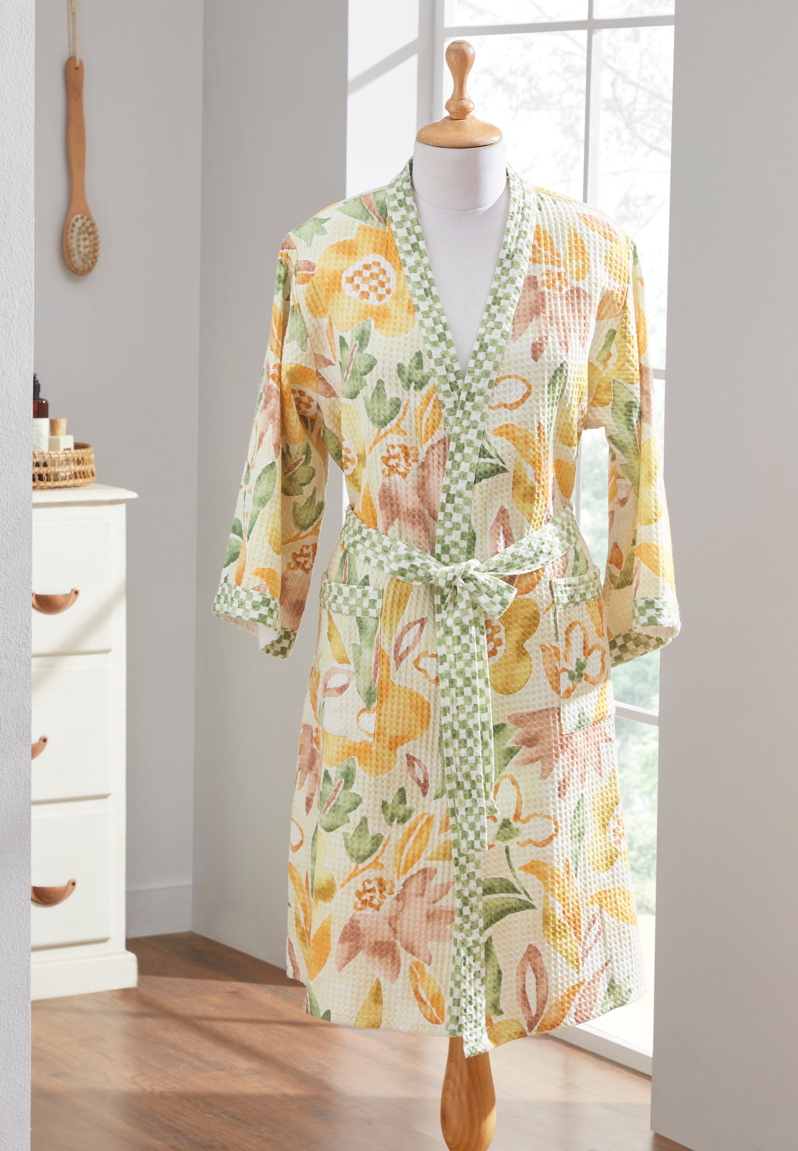 Dancing Floral Yellow Cotton Waffle  Bathrobe
