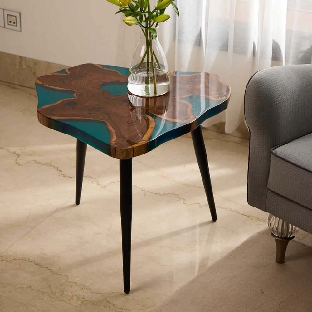 Coffee Table – Teak Wood with Aqua Blue Resin Finish