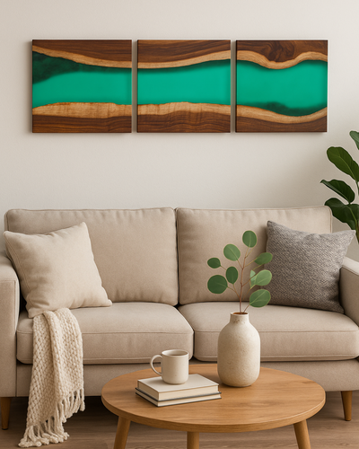 Handcrafted Acacia Wood Wall Panel with Translucent Green Resin Accent (40 cm x 40 cm)