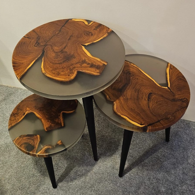 Nesting Table Set of 3 – Teak Wood with Tinted Grey Resin Finish-Gloss