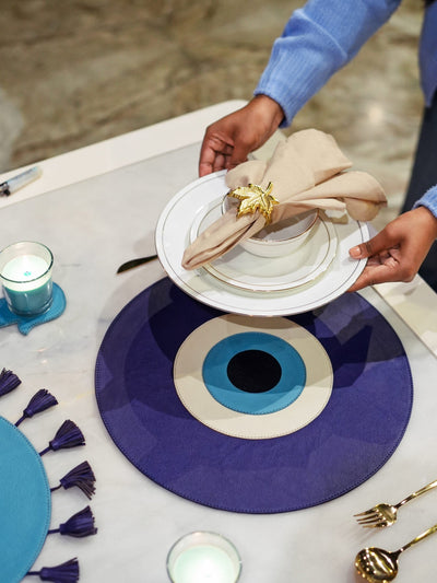 Evil eye leather table mat close up detail India - The Mage Home