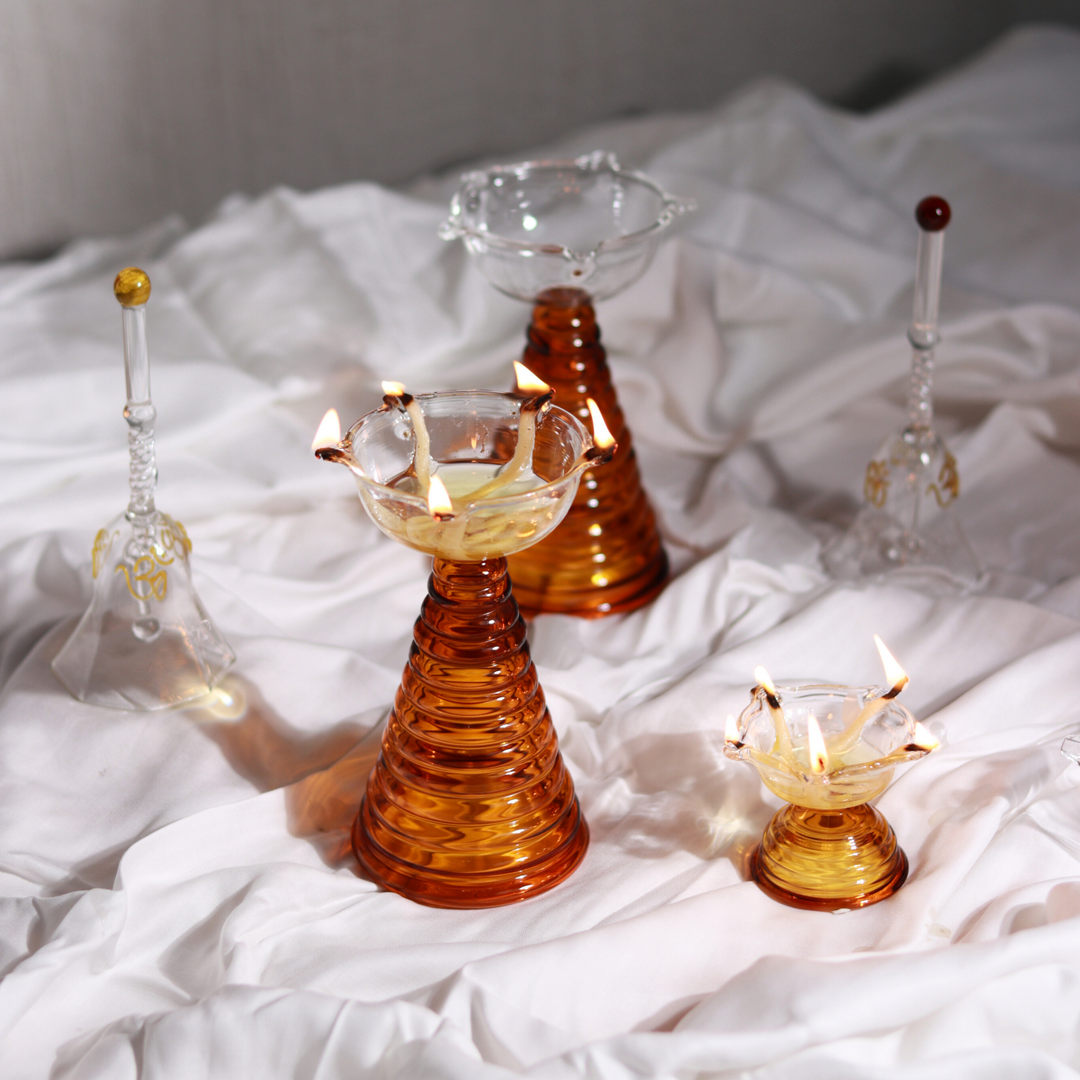 Muun Glass Puja Bundle - Tall Diya + Short Diya + Bell