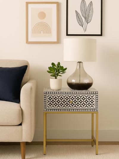 Inlay Bedside Table with Gold Legs - Geometric Floral
