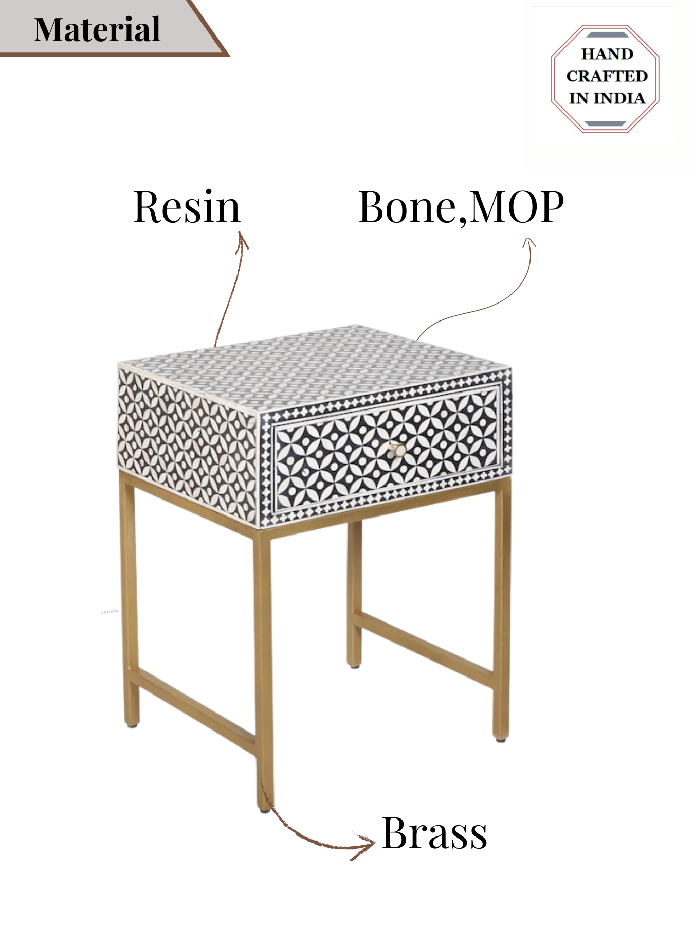 Inlay Bedside Table with Gold Legs - Geometric Floral