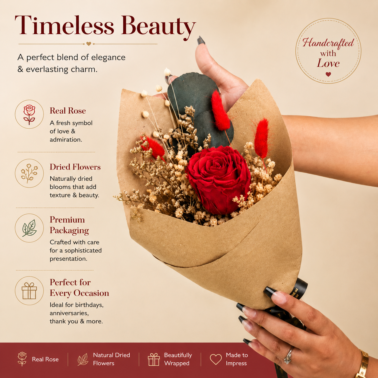 Ruby Romance Preserved Red Rose Bouquet | Dried Flower Gift Bouquet
