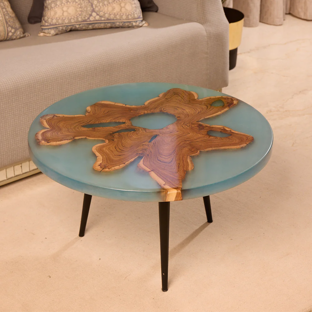 Round Coffee Table – Teak Wood with Special Blue Resin Finish