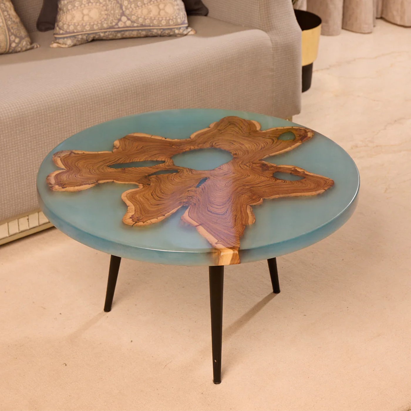 Round Coffee Table – Teak Wood with Special Blue Resin Finish