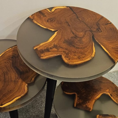 Nesting Table Set of 3 – Teak Wood with Tinted Grey Resin Finish-Gloss