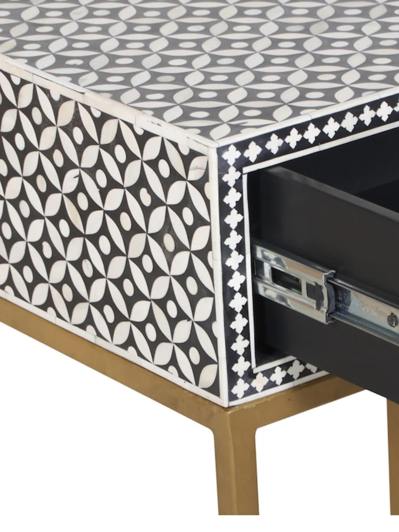 Inlay Bedside Table with Gold Legs - Geometric Floral