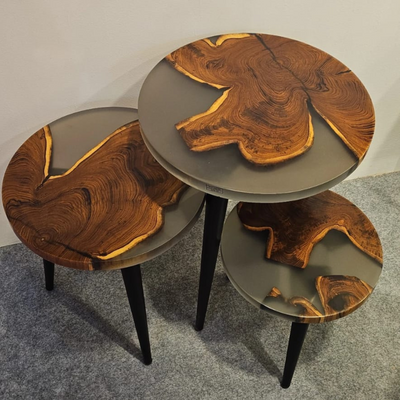 Nesting Table Set of 3 – Teak Wood with Tinted Grey Resin Finish-Gloss