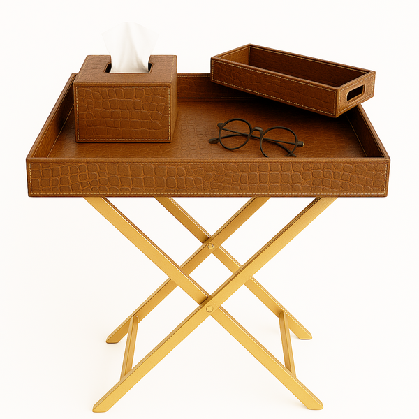 Pu Leather Foldable Tray with Metal Stand-Brown Croco