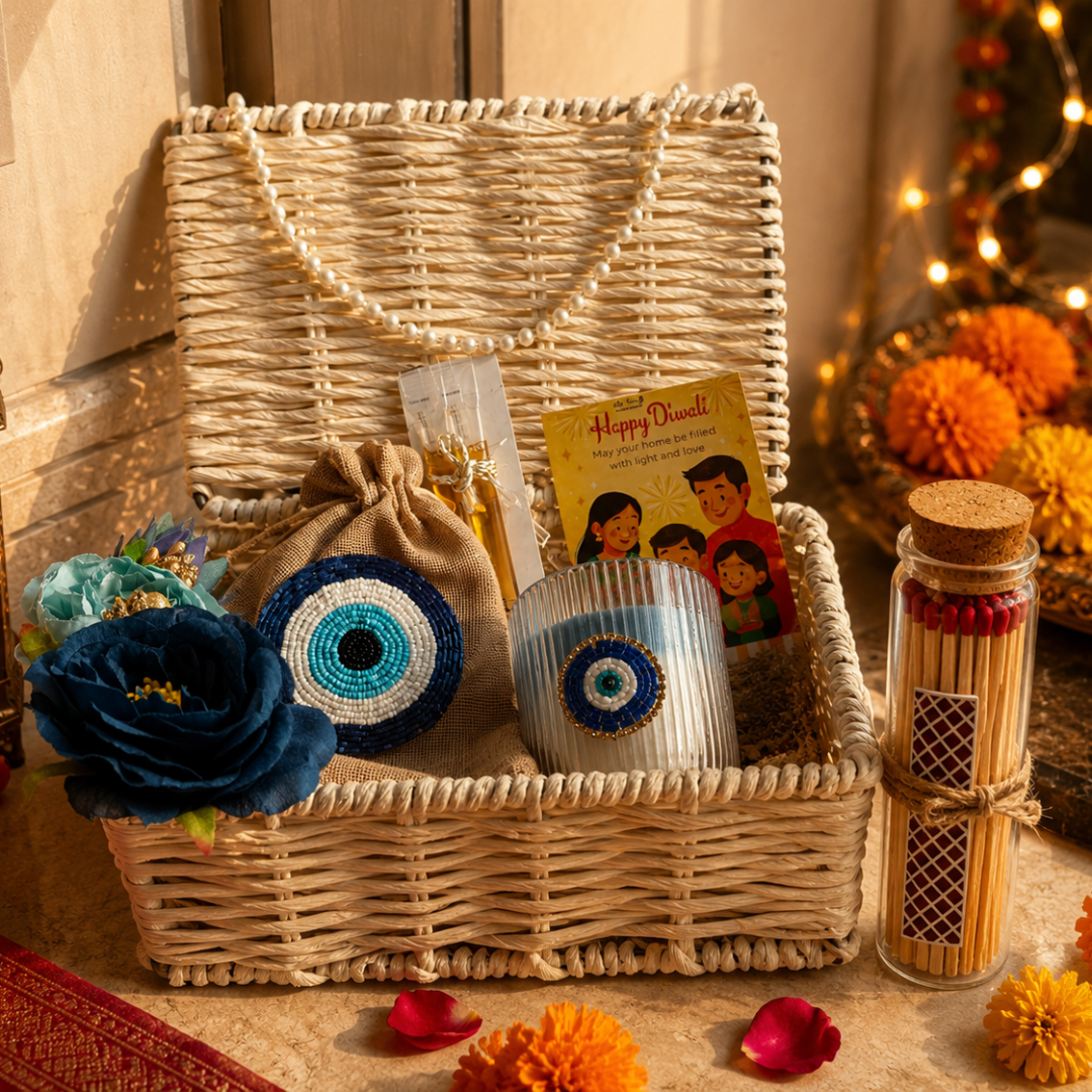Ivory Nazar White Jute Gift Basket – Evil Eye Diwali Gift Hamper - https://artecasa.in/