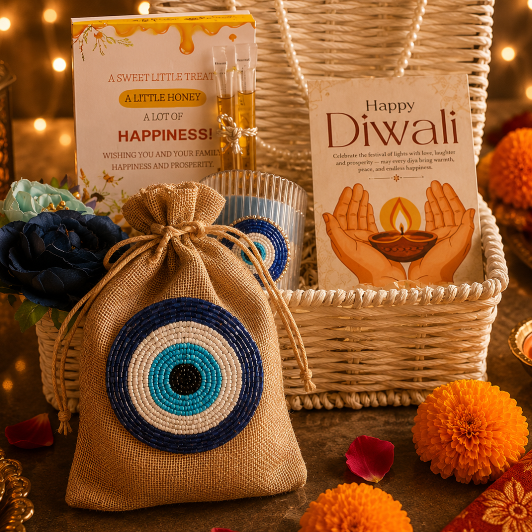 Ivory Nazar White Jute Gift Basket – Evil Eye Diwali Gift Hamper - https://artecasa.in/