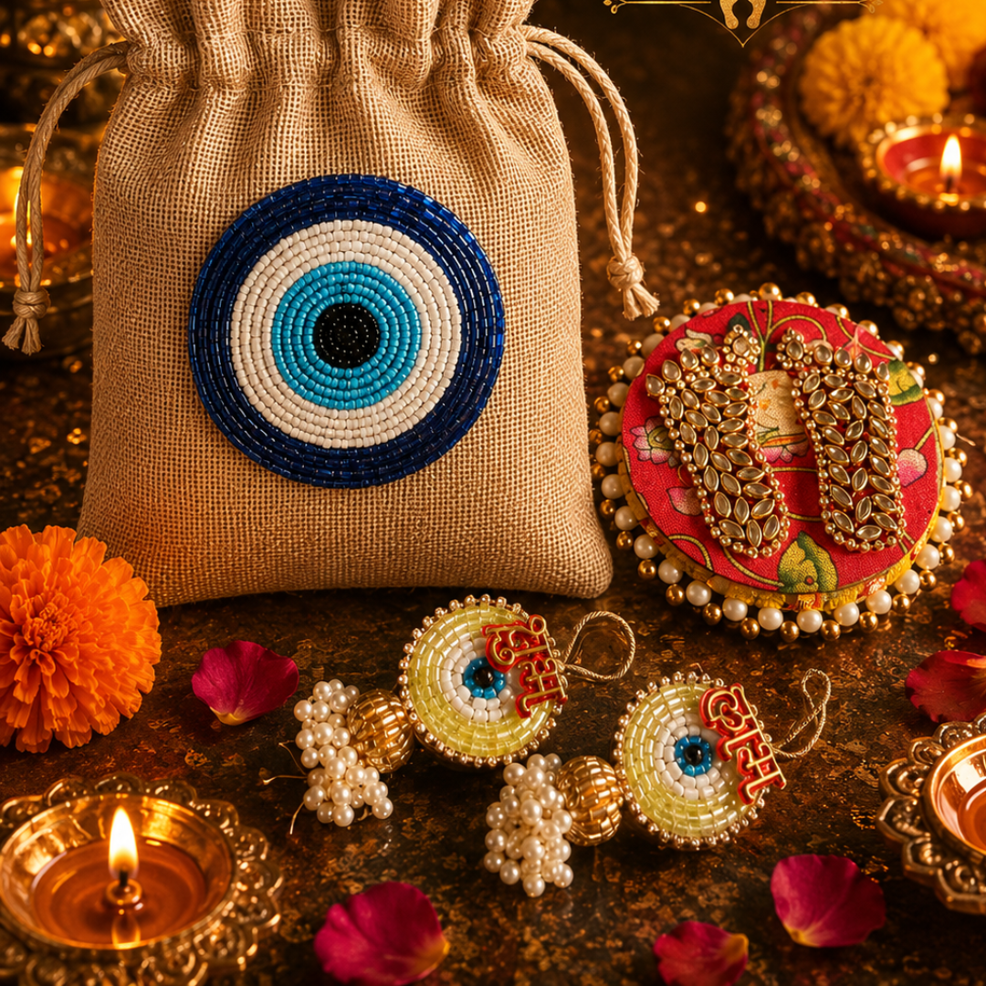 Ivory Nazar White Jute Gift Basket – Evil Eye Diwali Gift Hamper - https://artecasa.in/