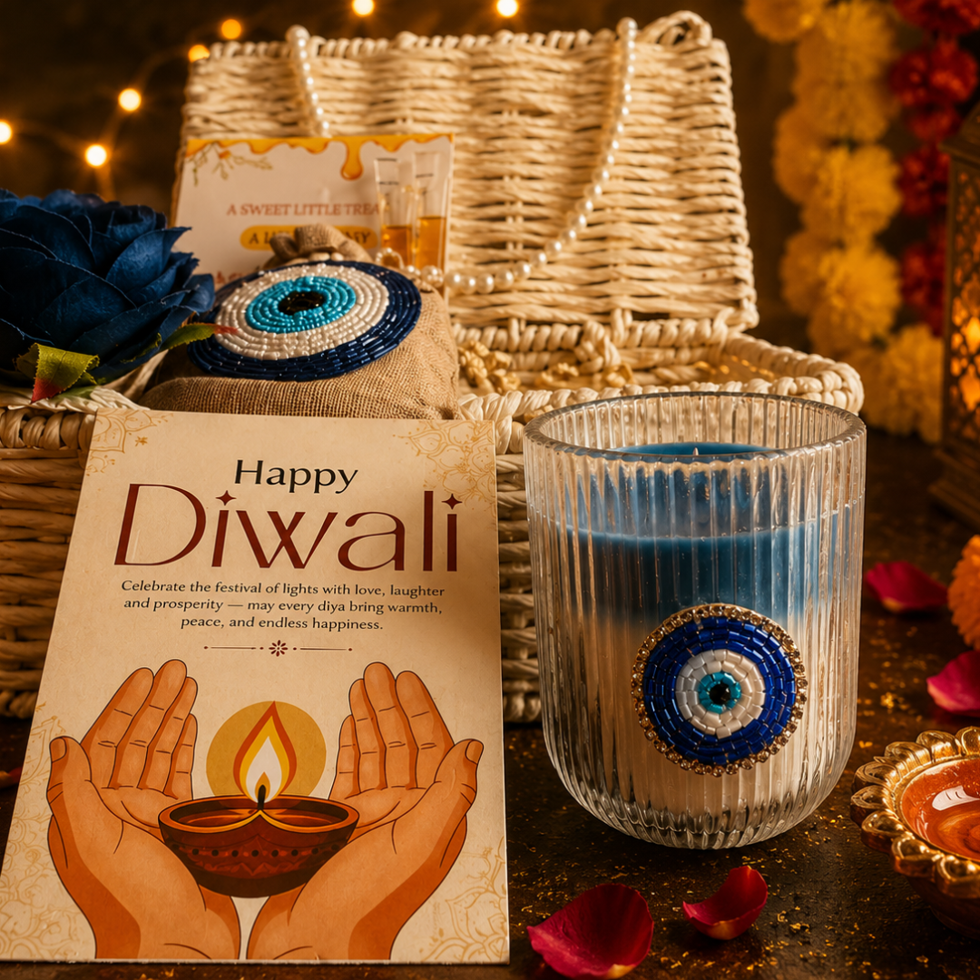 Ivory Nazar White Jute Gift Basket – Evil Eye Diwali Gift Hamper - https://artecasa.in/