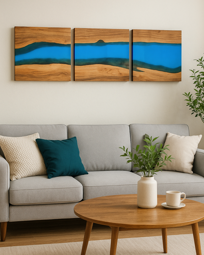 Handcrafted Acacia Wood Wall Panel with Ultramarine Blue Resin Accent (40 cm x 40 cm)