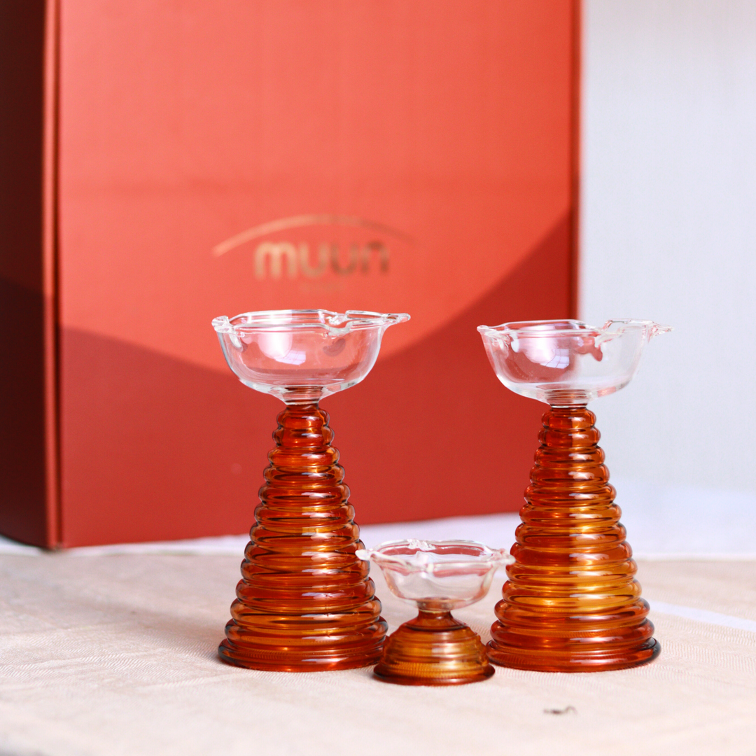 Orange Tall Glass Diya and Short Glass Diya Combo Set