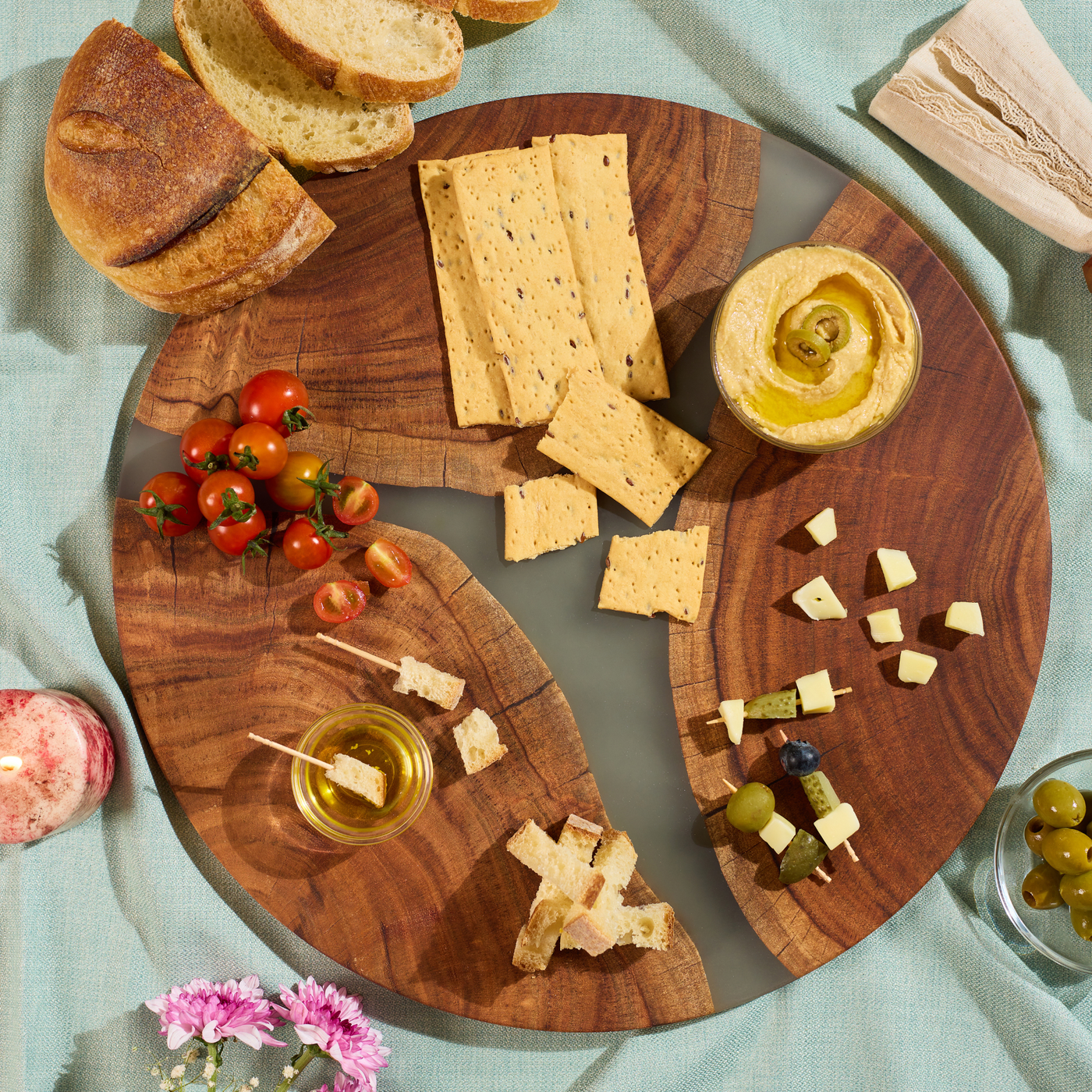 Lazy Susan Platter – Acacia Wood with Aqua Blue Resin Finish_Grey