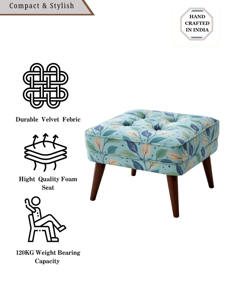 Floral Upholstered Ottoman Stool with Sagwan Wooden Legs