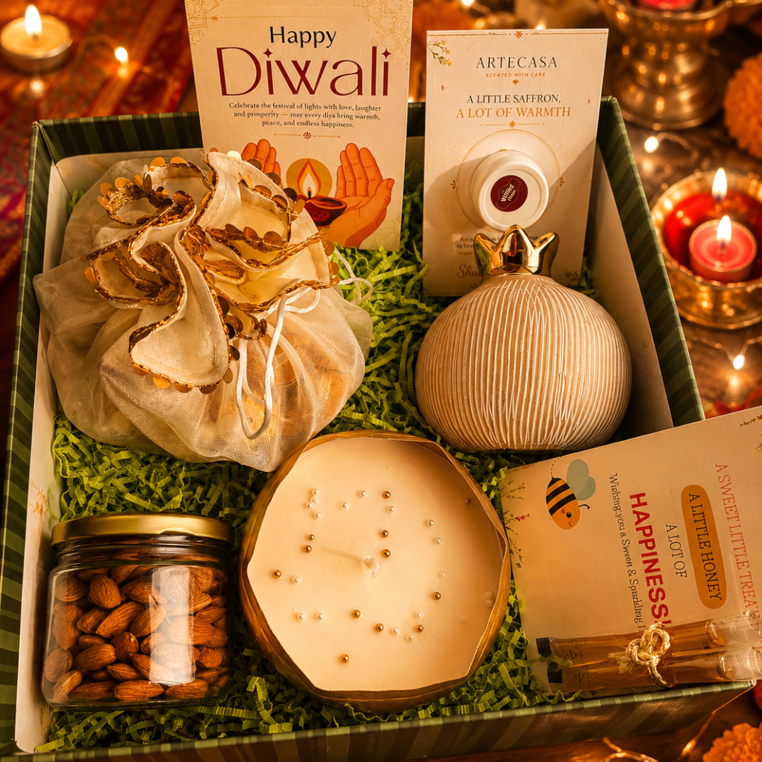 Emerald Festive Harvest Gift Box | Premium Diwali Hamper with Pomegranate, Dry Fruits & Urli Candle - https://artecasa.in/