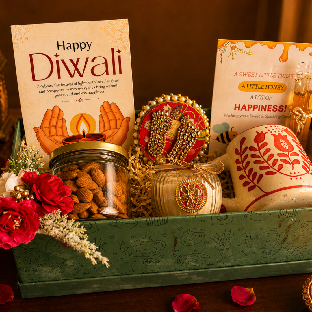 Green Harvest Celebration Gift Box | Mug, 100g Almonds & Soy Wax Candle - https://artecasa.in/