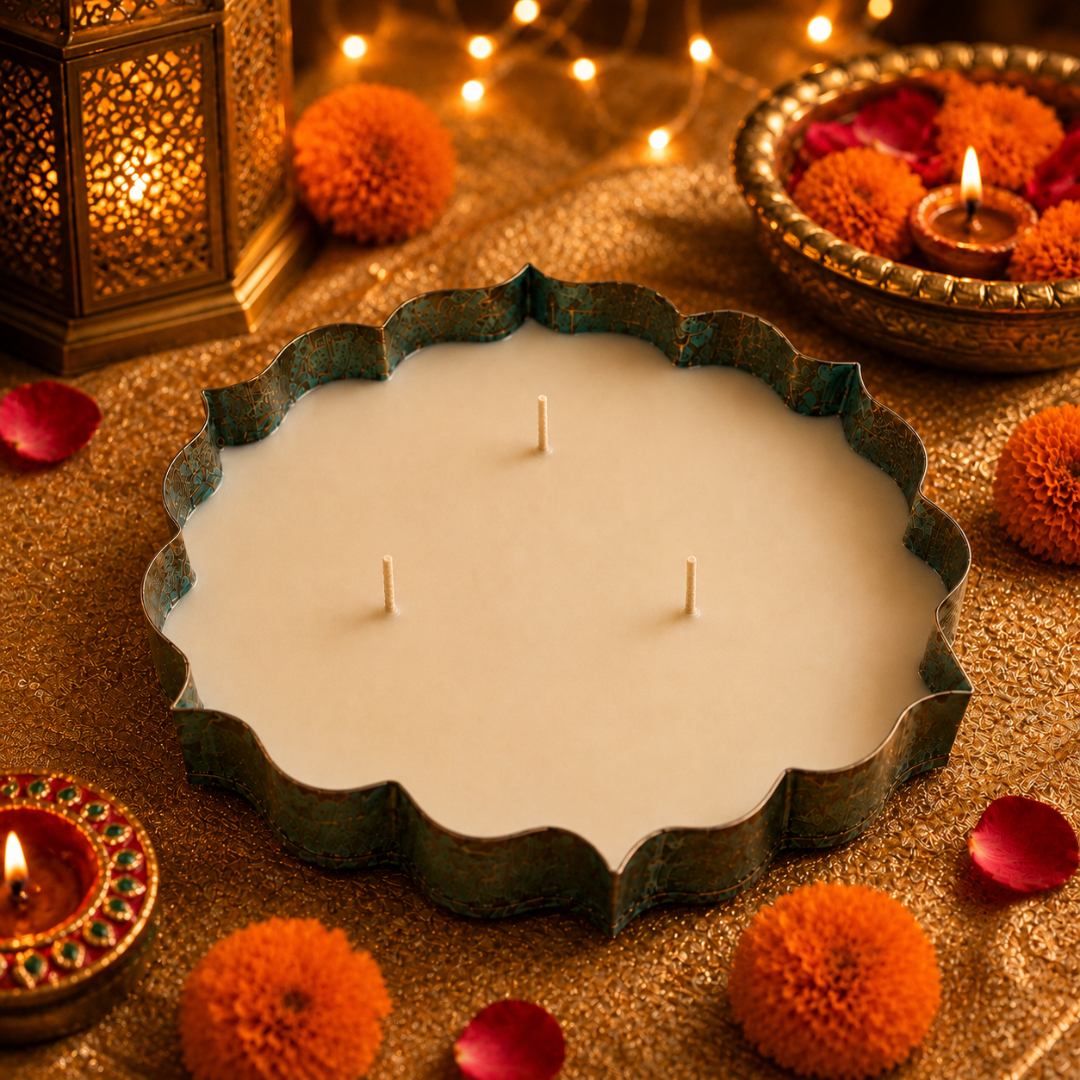Emerald Heritage Large Metal Urli Candle | Rustic Soy Wax Candle - https://artecasa.in/