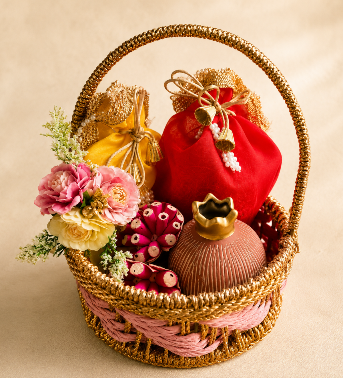 Rangoli Pink & Festive Potli Gift Basket | Shubh Labh & Almonds Diwali Hamper - https://artecasa.in/