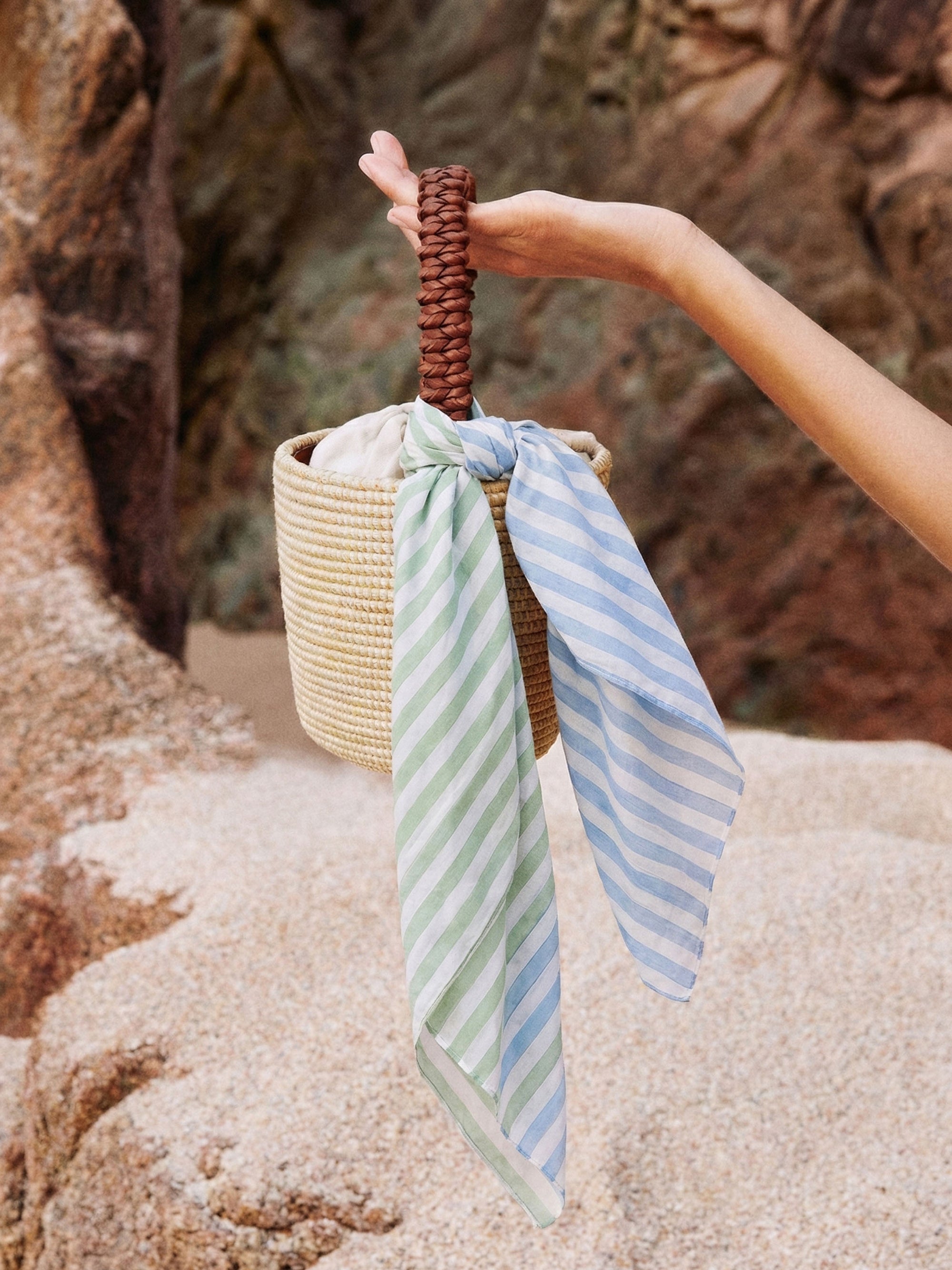 Blue & Green Stripes Bandana I Cotton Square Scarf